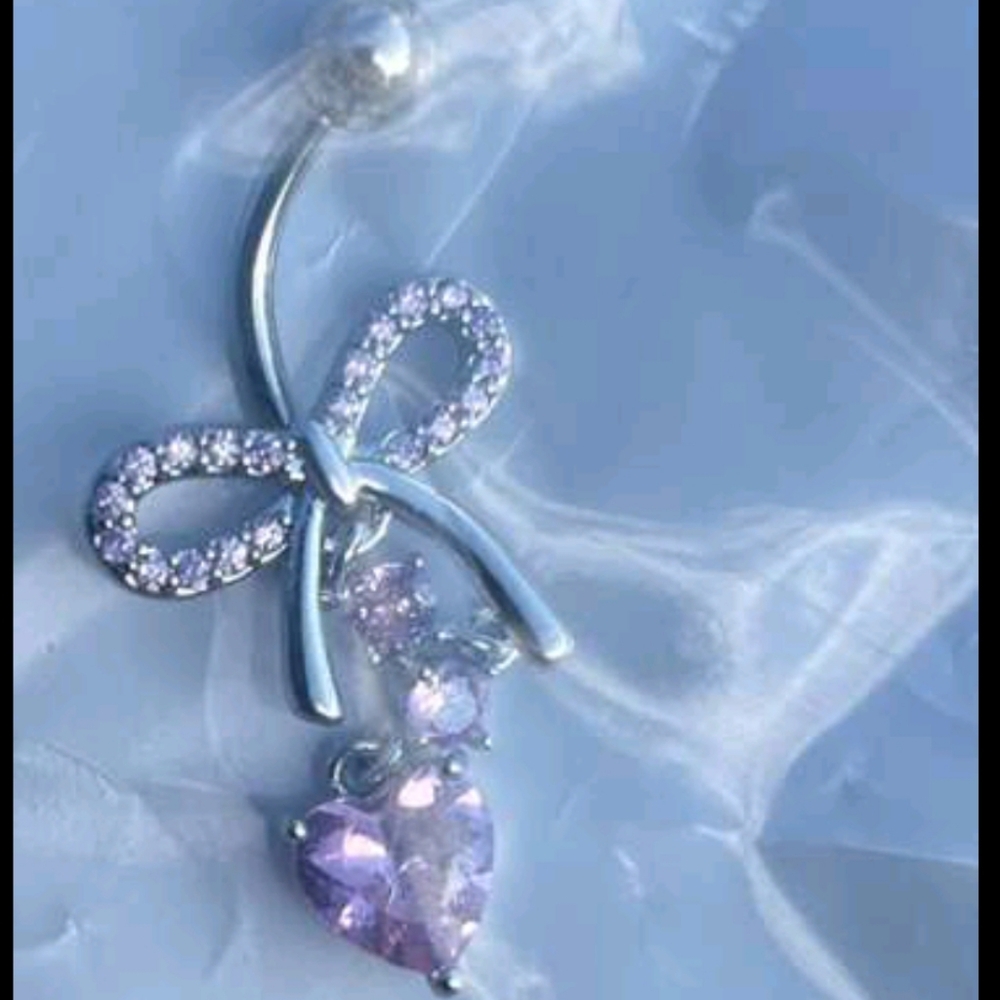 Pink Rhinestone Bow With Dangling Rounds & Heart Bellybutton Ring Jewelry (OS) - Picture 7 of 8